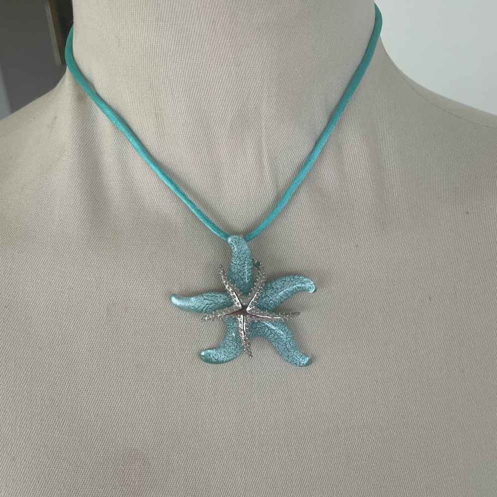 Blue Starfish Pendant Necklace on Turquoise Silk Cord up to  17 in  NNT